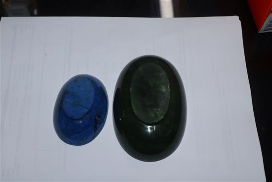 A group of Chinese stone carvings, a spinach green jade dish and a lapis lazuli dish